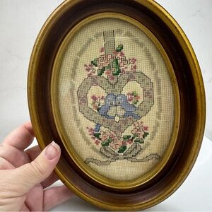 Vintage needlepoint Lovebirds in oval frame